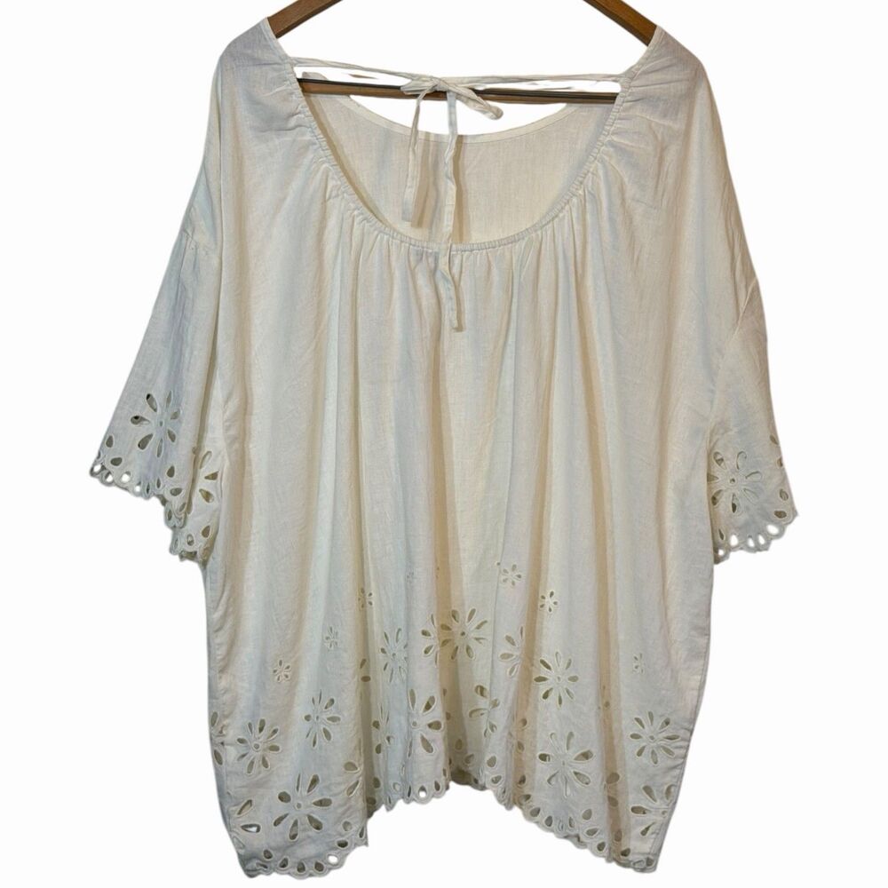 Eyelet Blouse Women Plus Size 4X Ivory Madewell Linen Boho Peasant Summer Top - Picture 3 of 13